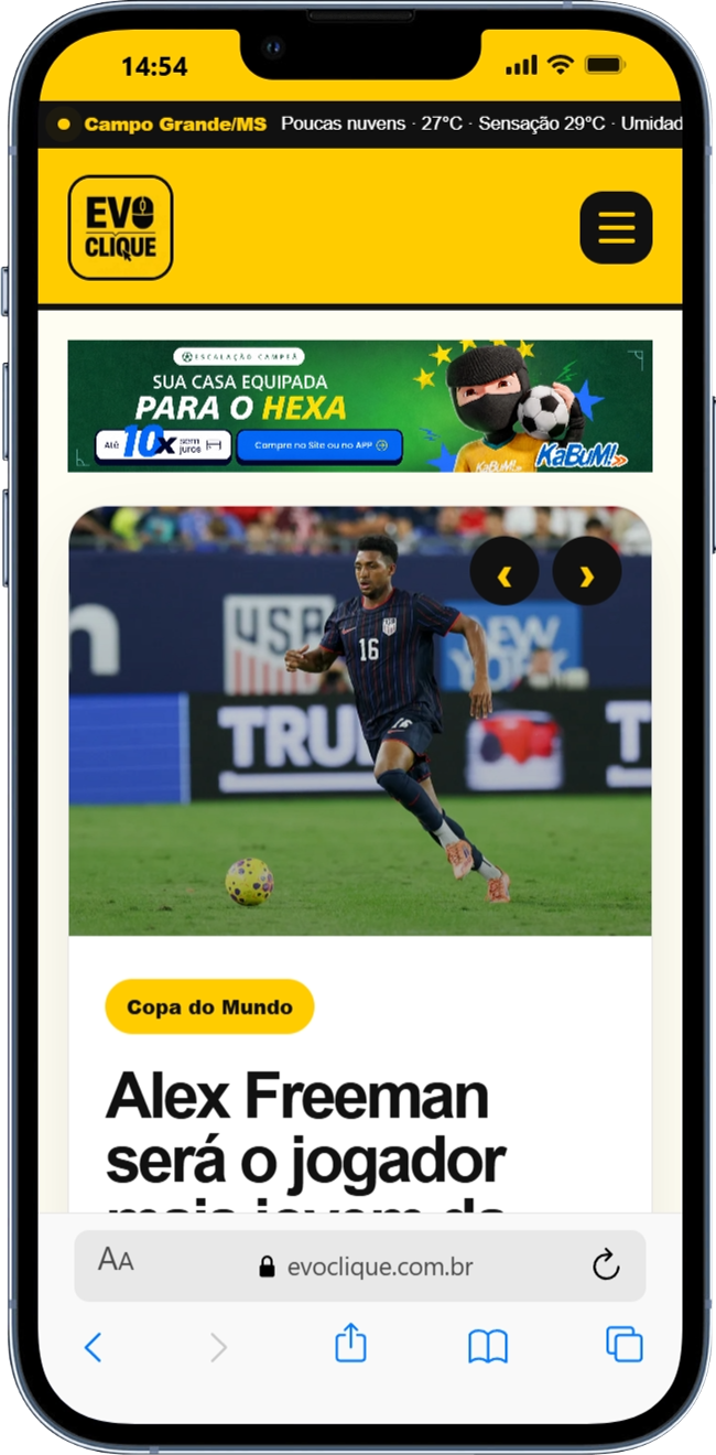 Exemplo de portal de notícias automatizado no celular inspirado no EvoClique